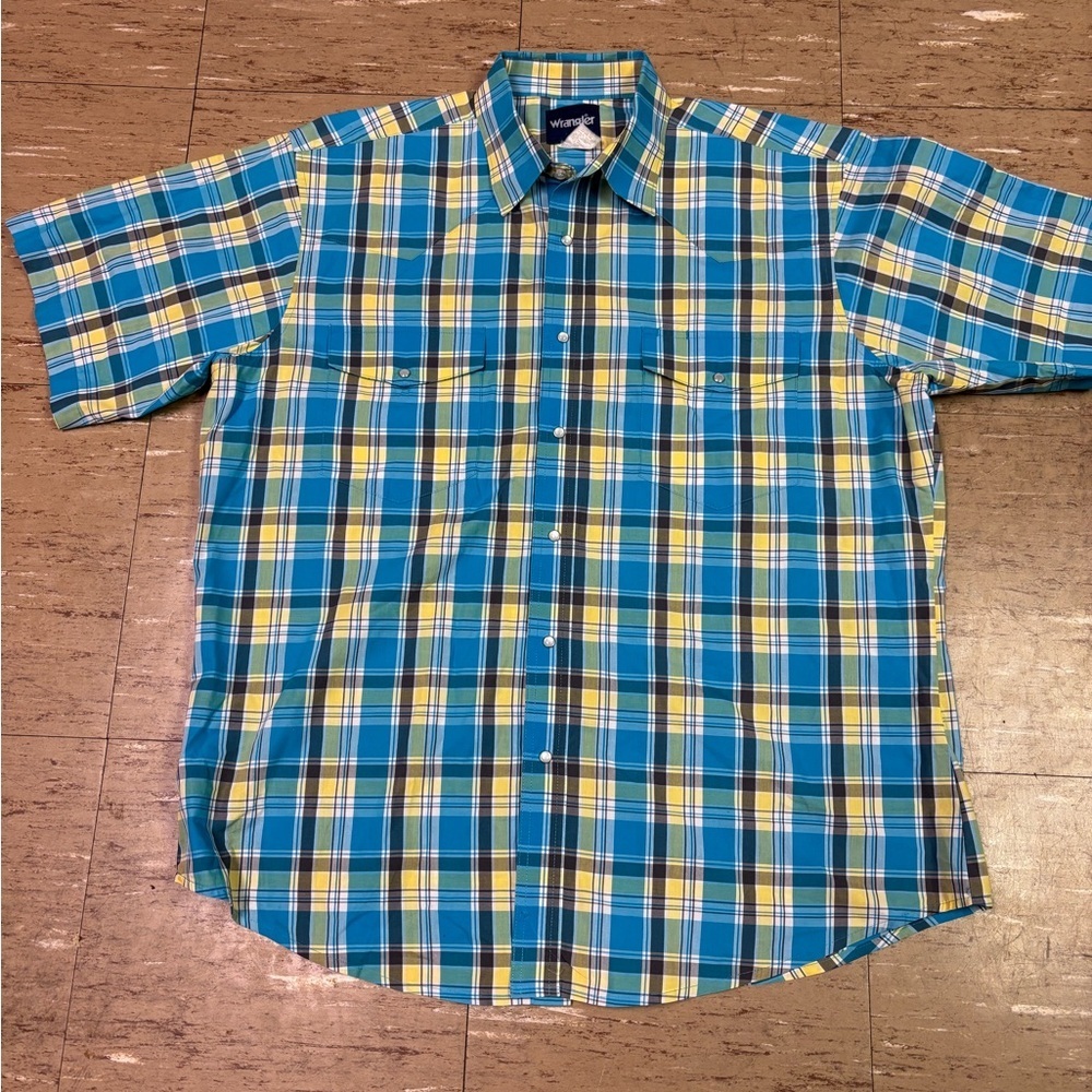 Wrangler Pearl Snap Blue and Yellow Plaid Shirt XL *Flaw